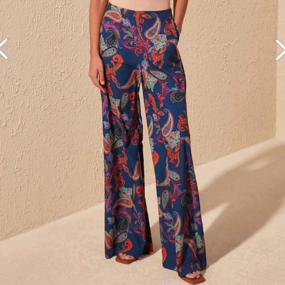 Organic Boho Navy Blue Patterned Wide Leg Trouser - Picture 10 of 11